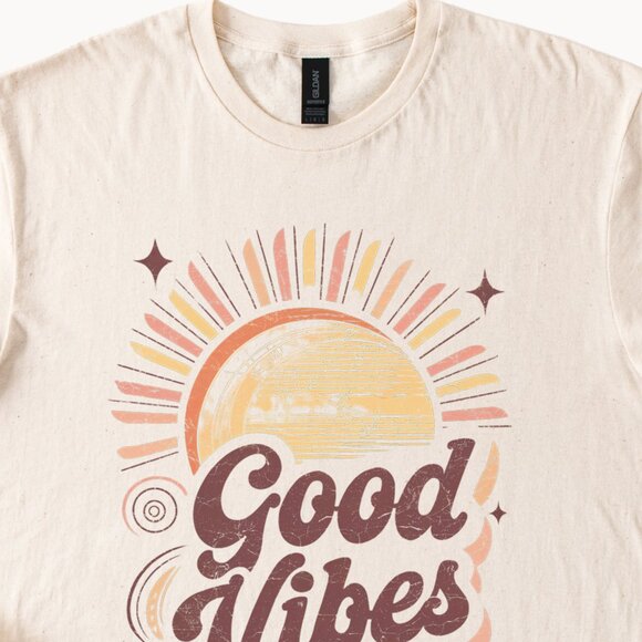 Good Vibes Sun Graphic Tee Positive Energy Shirt Retro Sunburst Design - Picture 2 of 6